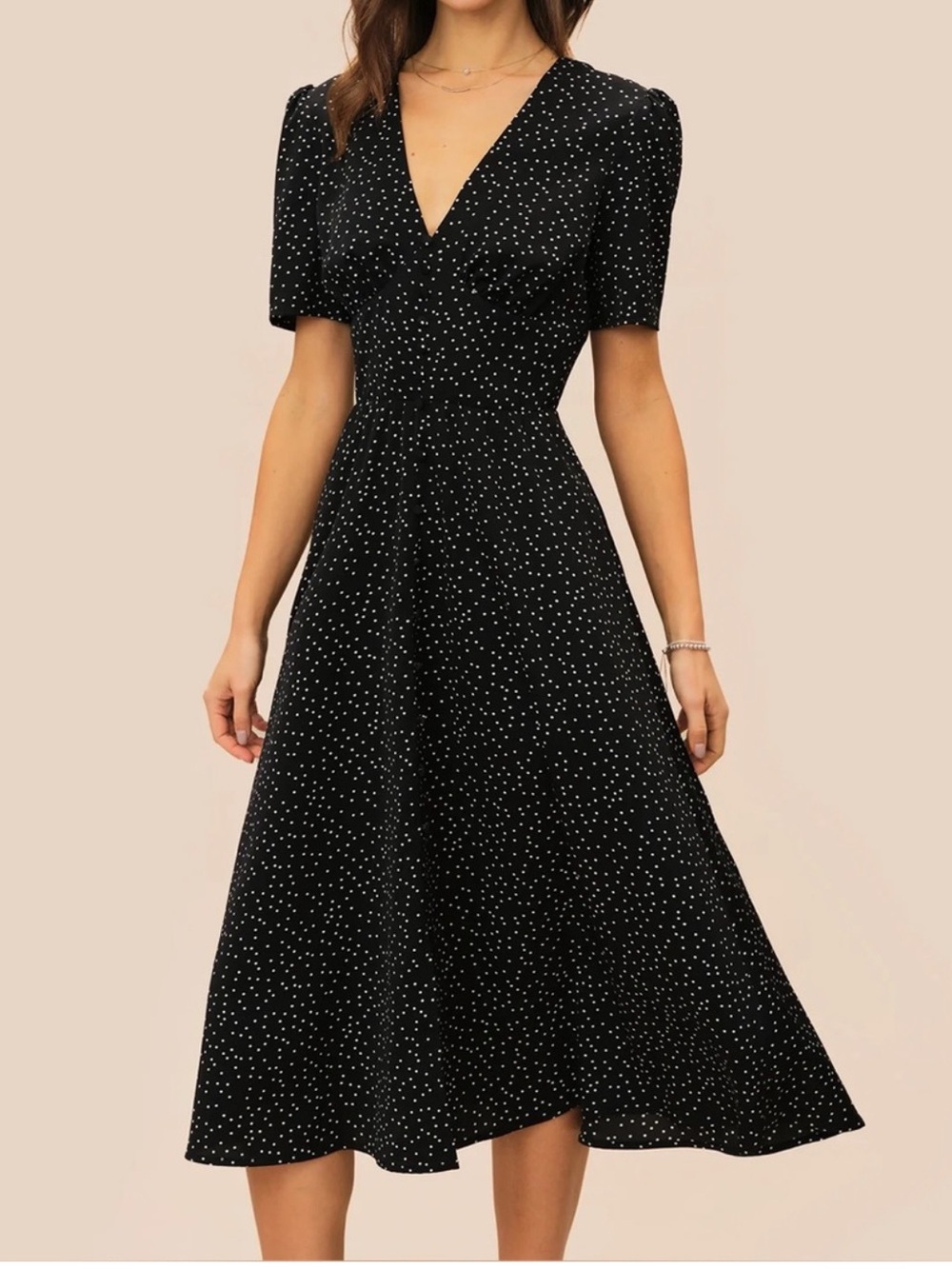 RIHOAS Black & White Polka Dot V-Neck Midi Dress Small